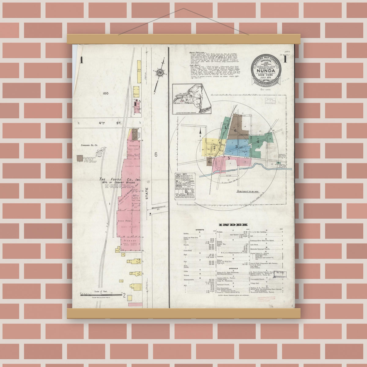 Old map wall art mockup — magnetic wood frame on brick wall — Sanborn Fire Insurance Map from Nunda, Livingston County, New York (1924), Sheet #0001