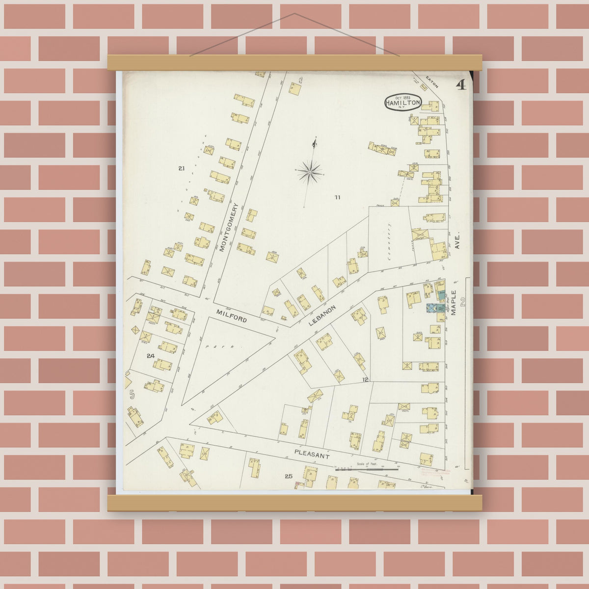 Old map wall art mockup — magnetic wood frame on brick wall — Sanborn Fire Insurance Map from Hamilton, Madison County, New York (1893), Sheet #0004