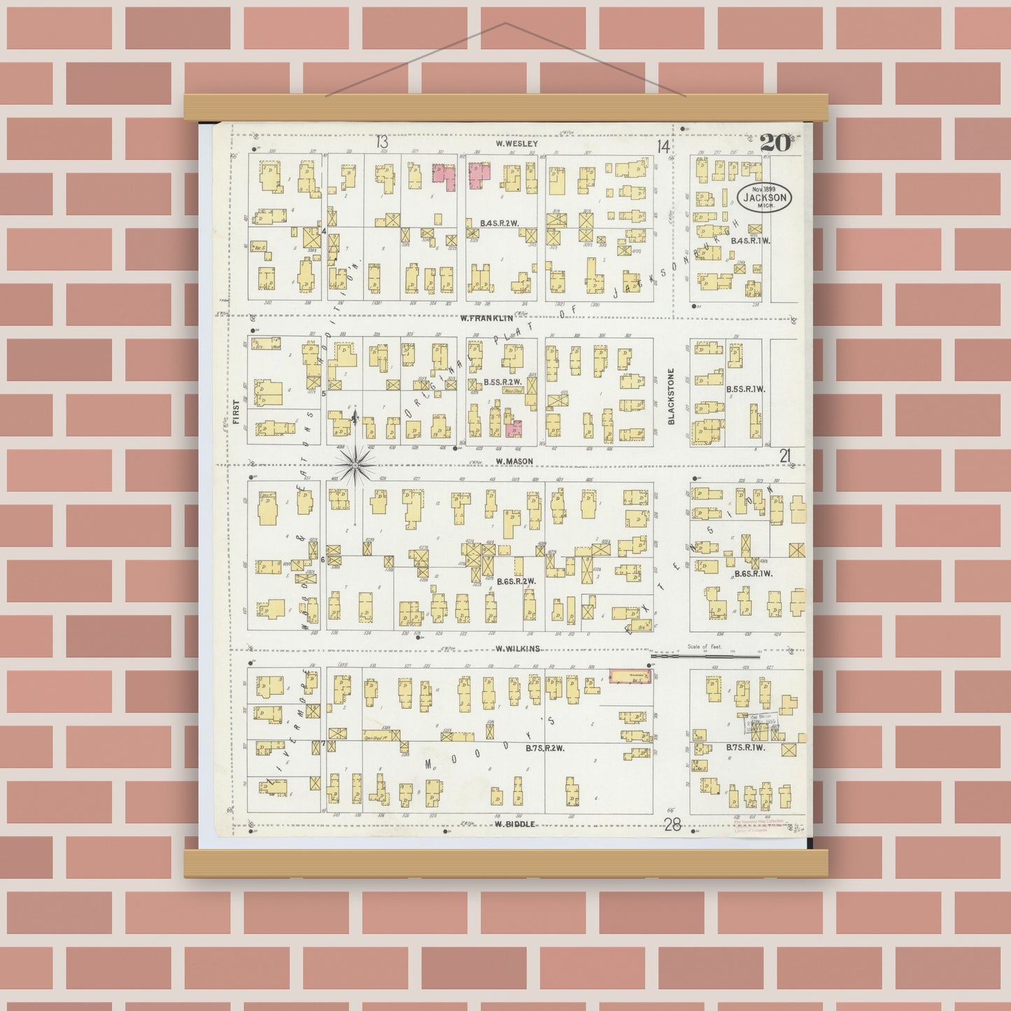 Old map wall art mockup — magnetic wood frame on brick wall — Sanborn Fire Insurance Map from Jackson, Jackson County, Michigan (1899), Sheet #0020