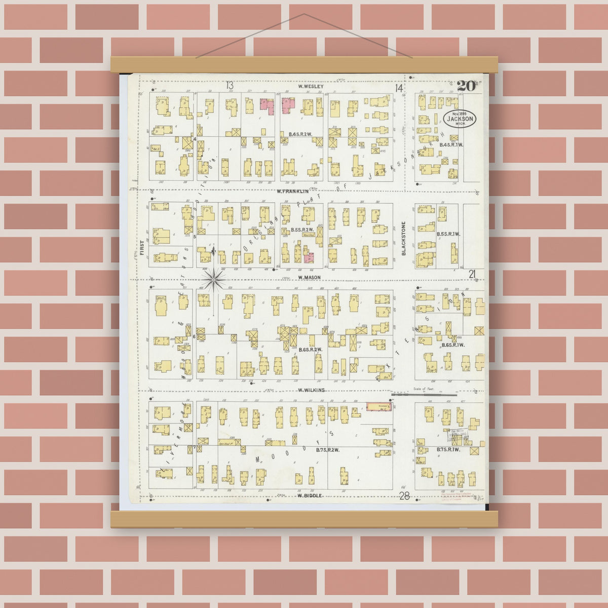 Old map wall art mockup — magnetic wood frame on brick wall — Sanborn Fire Insurance Map from Jackson, Jackson County, Michigan (1899), Sheet #0020