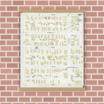 Old map wall art mockup — magnetic wood frame on brick wall — Sanborn Fire Insurance Map from Jackson, Jackson County, Michigan (1899), Sheet #0020