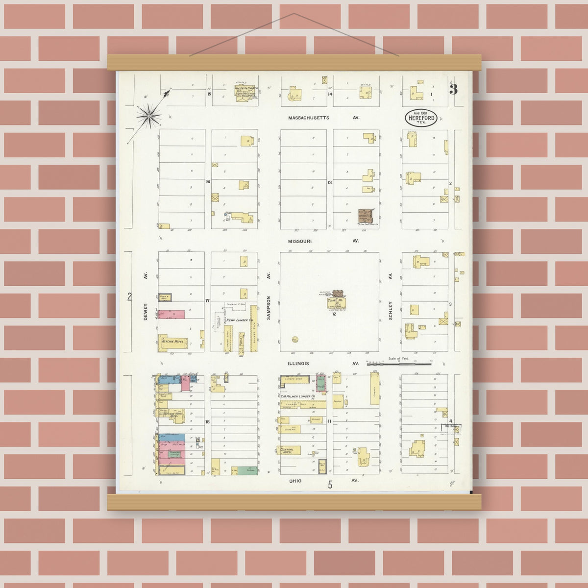 Old map wall art mockup — magnetic wood frame on brick wall — Sanborn Fire Insurance Map from Hereford, Deaf Smith County, Texas (1908), Sheet #0003