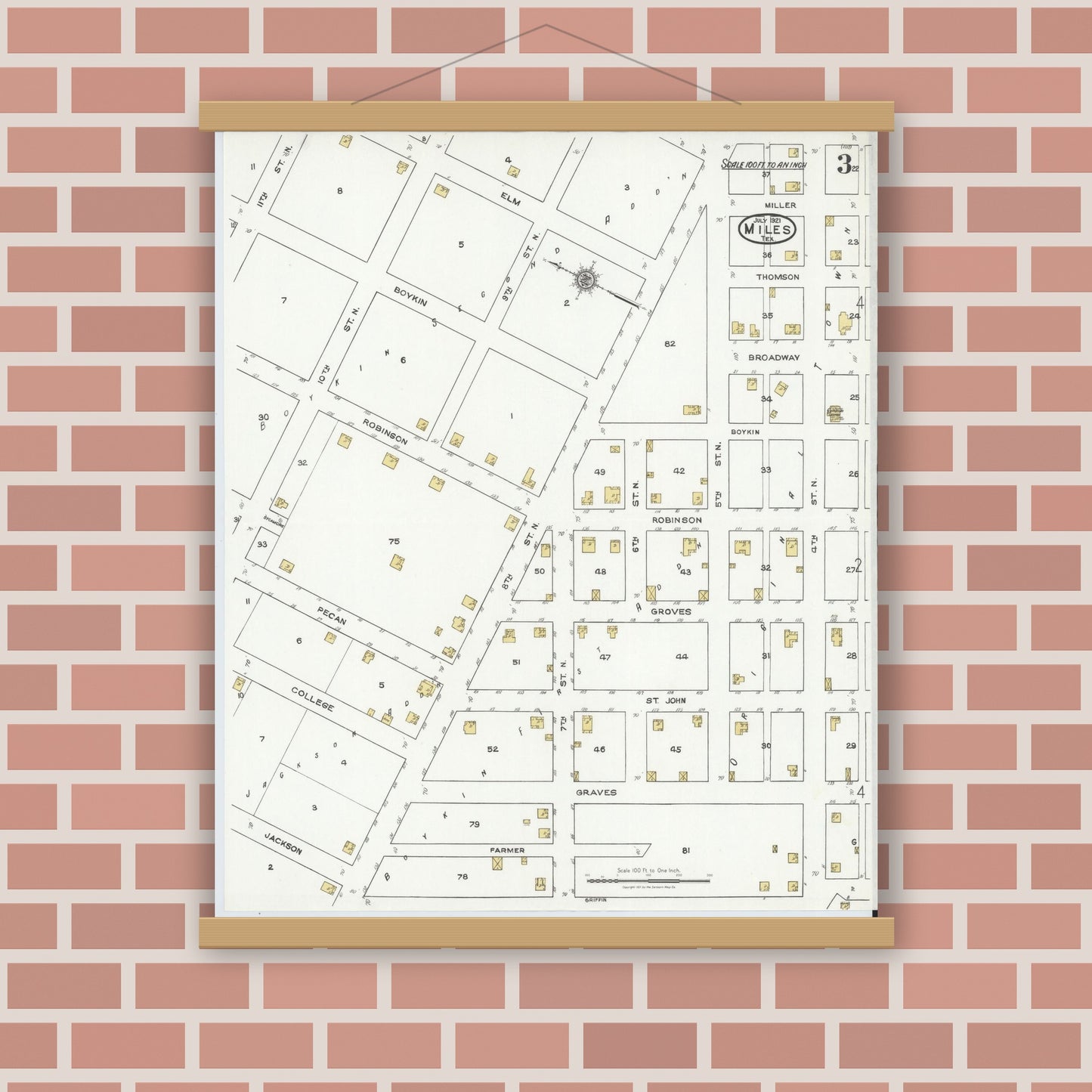 Old map wall art mockup — magnetic wood frame on brick wall — Sanborn Fire Insurance Map from Miles, Runnels County, Texas (1921), Sheet #0003