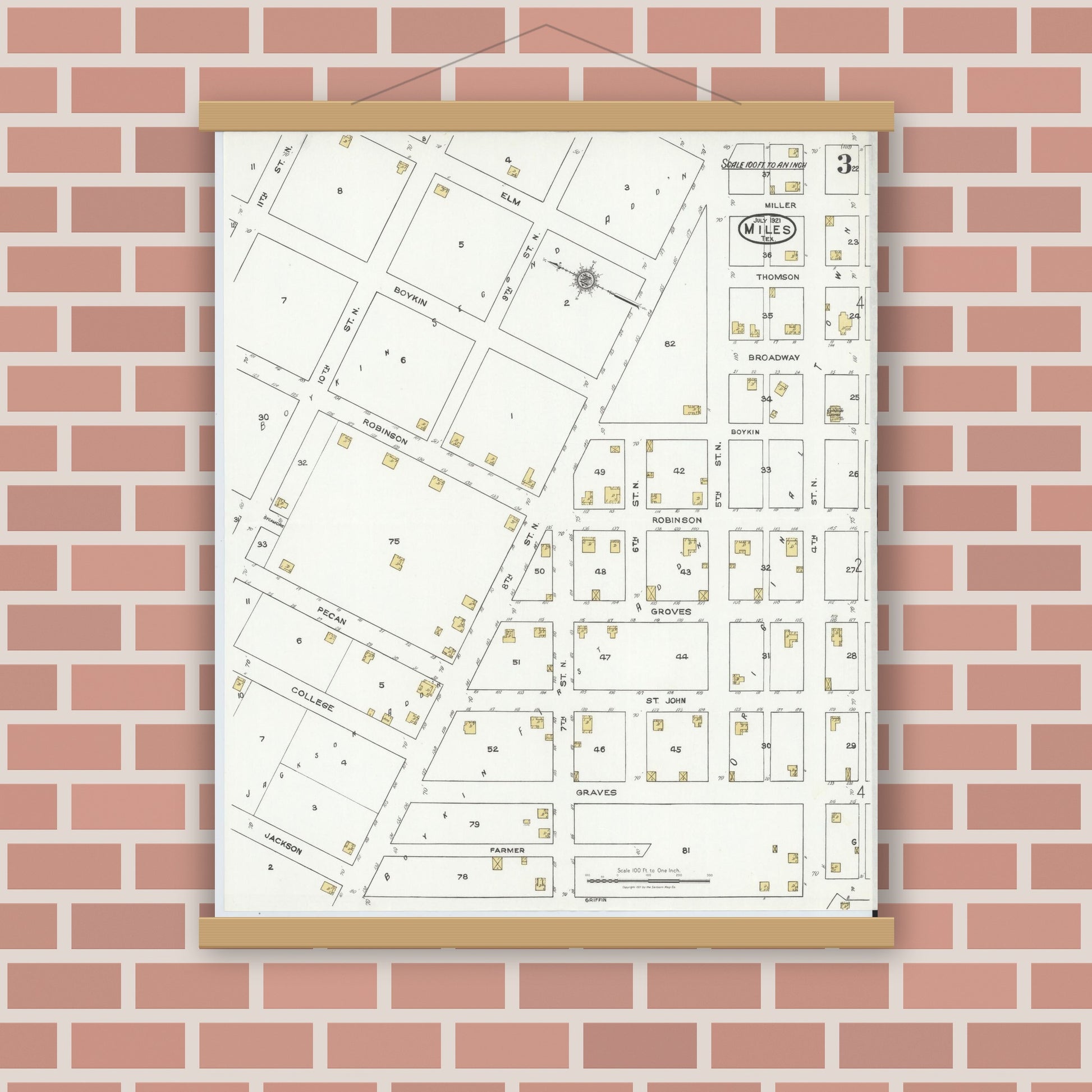 Old map wall art mockup — magnetic wood frame on brick wall — Sanborn Fire Insurance Map from Miles, Runnels County, Texas (1921), Sheet #0003