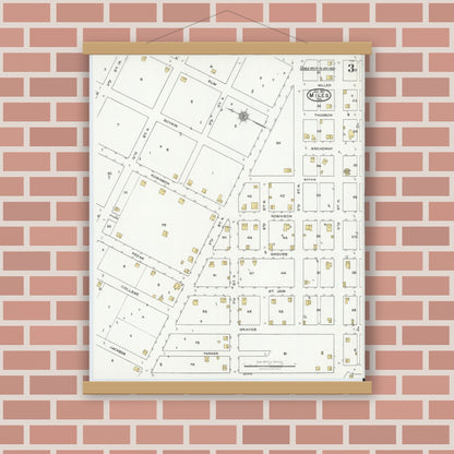 Old map wall art mockup — magnetic wood frame on brick wall — Sanborn Fire Insurance Map from Miles, Runnels County, Texas (1921), Sheet #0003