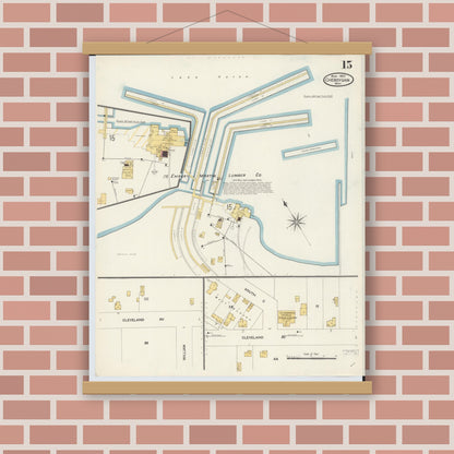Old map wall art mockup — magnetic wood frame on brick wall — Sanborn Fire Insurance Map from Cheboygan, Cheboygan County, Michigan (1907), Sheet #0015