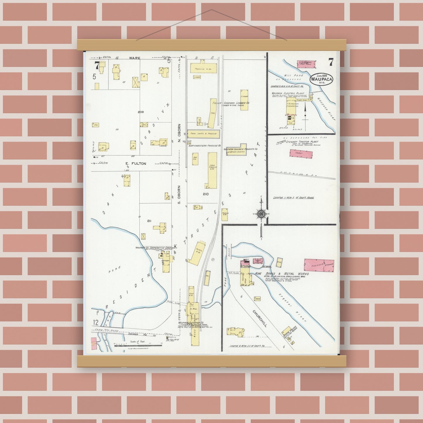 Old map wall art mockup — magnetic wood frame on brick wall — Sanborn Fire Insurance Map from Waupaca, Waupaca County, Wisconsin (1924), Sheet #0007