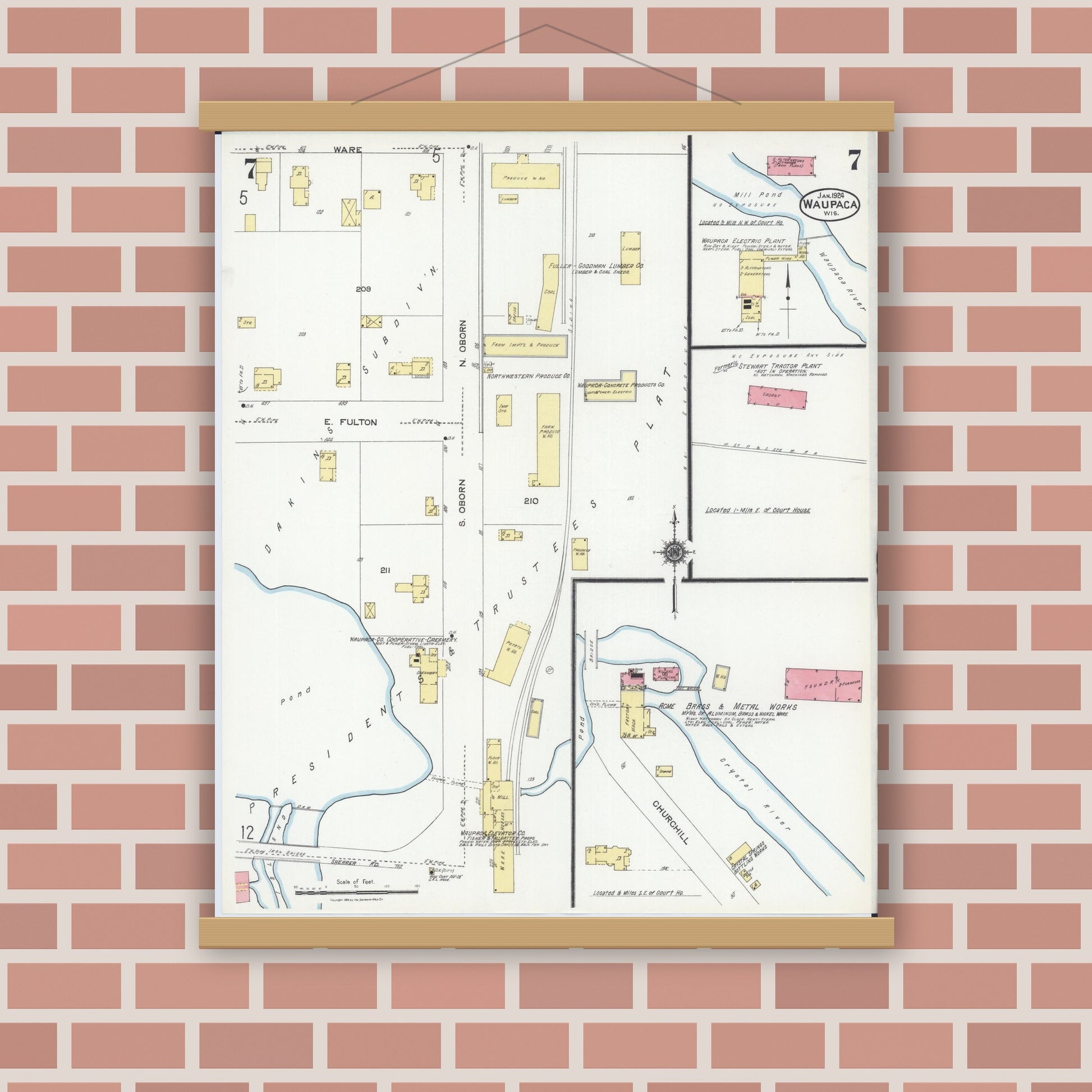 Old map wall art mockup — magnetic wood frame on brick wall — Sanborn Fire Insurance Map from Waupaca, Waupaca County, Wisconsin (1924), Sheet #0007