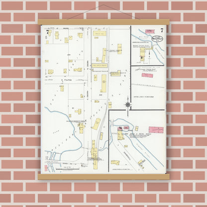 Old map wall art mockup — magnetic wood frame on brick wall — Sanborn Fire Insurance Map from Waupaca, Waupaca County, Wisconsin (1924), Sheet #0007