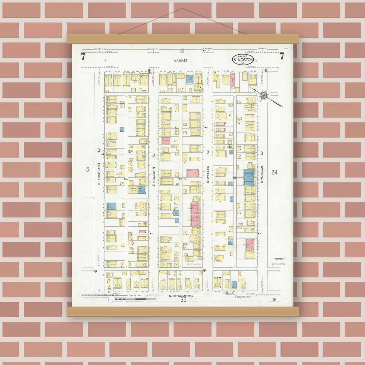 Old map wall art mockup — magnetic wood frame on brick wall — Sanborn Fire Insurance Map from Kingston, Luzerne County, Pennsylvania (1925), Sheet #0007