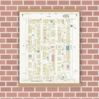 Old map wall art mockup — magnetic wood frame on brick wall — Sanborn Fire Insurance Map from Kingston, Luzerne County, Pennsylvania (1925), Sheet #0007
