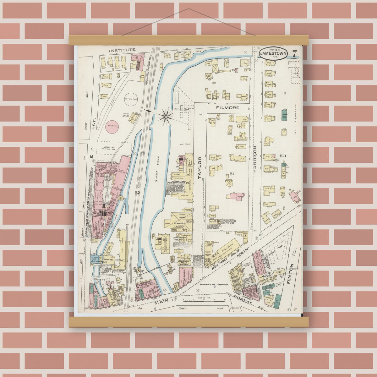 Old map wall art mockup — magnetic wood frame on brick wall — Sanborn Fire Insurance Map from Jamestown, Chautauqua County, New York (1886), Sheet #0007