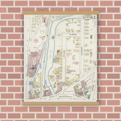 Old map wall art mockup — magnetic wood frame on brick wall — Sanborn Fire Insurance Map from Jamestown, Chautauqua County, New York (1886), Sheet #0007