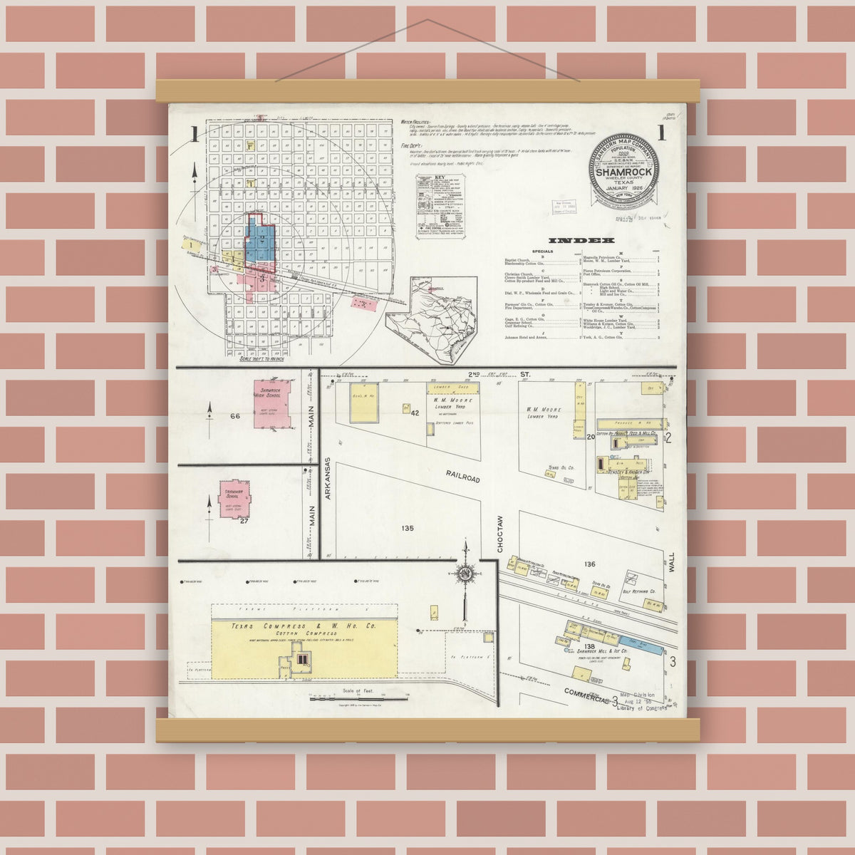 Old map wall art mockup — magnetic wood frame on brick wall — Sanborn Fire Insurance Map from Shamrock, Wheeler County, Texas (1926) - Complete Map Set