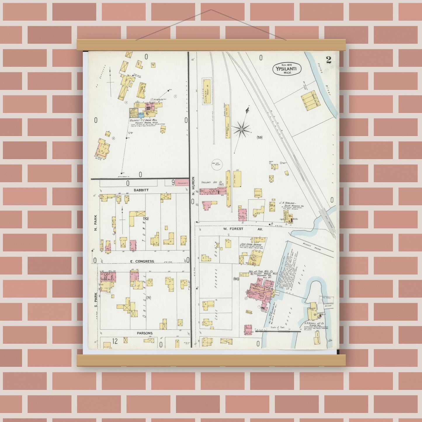 Old map wall art mockup — magnetic wood frame on brick wall — Sanborn Fire Insurance Map from Ypsilanti, Washtenaw County, Michigan (1899), Sheet #0002