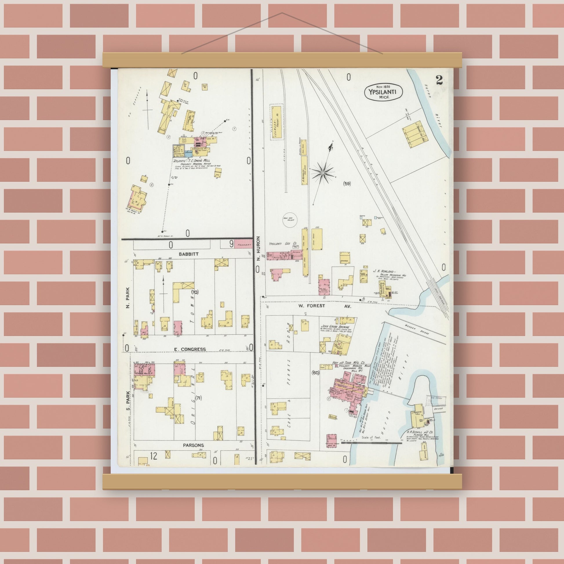 Old map wall art mockup — magnetic wood frame on brick wall — Sanborn Fire Insurance Map from Ypsilanti, Washtenaw County, Michigan (1899), Sheet #0002