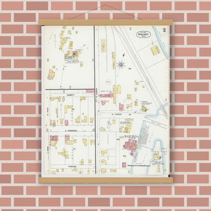 Old map wall art mockup — magnetic wood frame on brick wall — Sanborn Fire Insurance Map from Ypsilanti, Washtenaw County, Michigan (1899), Sheet #0002