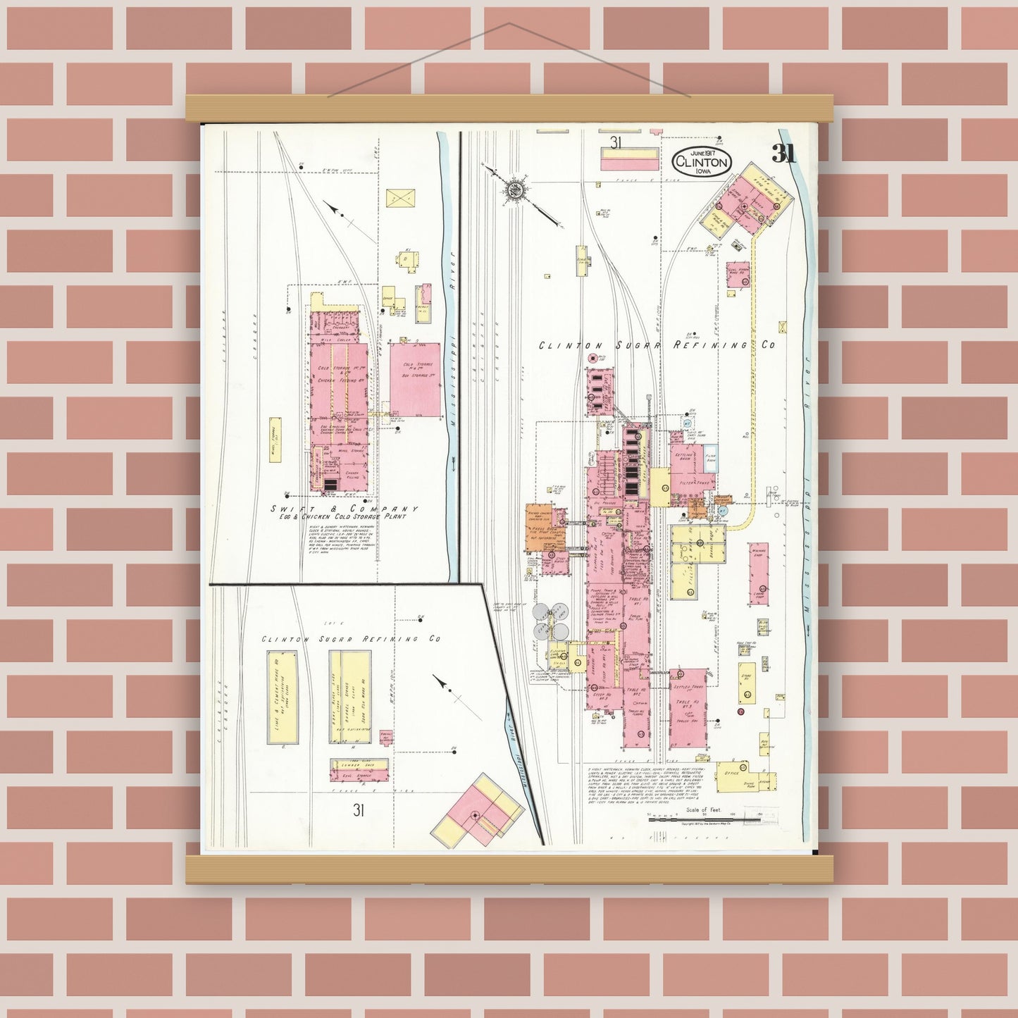 Old map wall art mockup — magnetic wood frame on brick wall — Sanborn Fire Insurance Map from Clinton, Clinton County, Iowa (1917), Sheet #0031