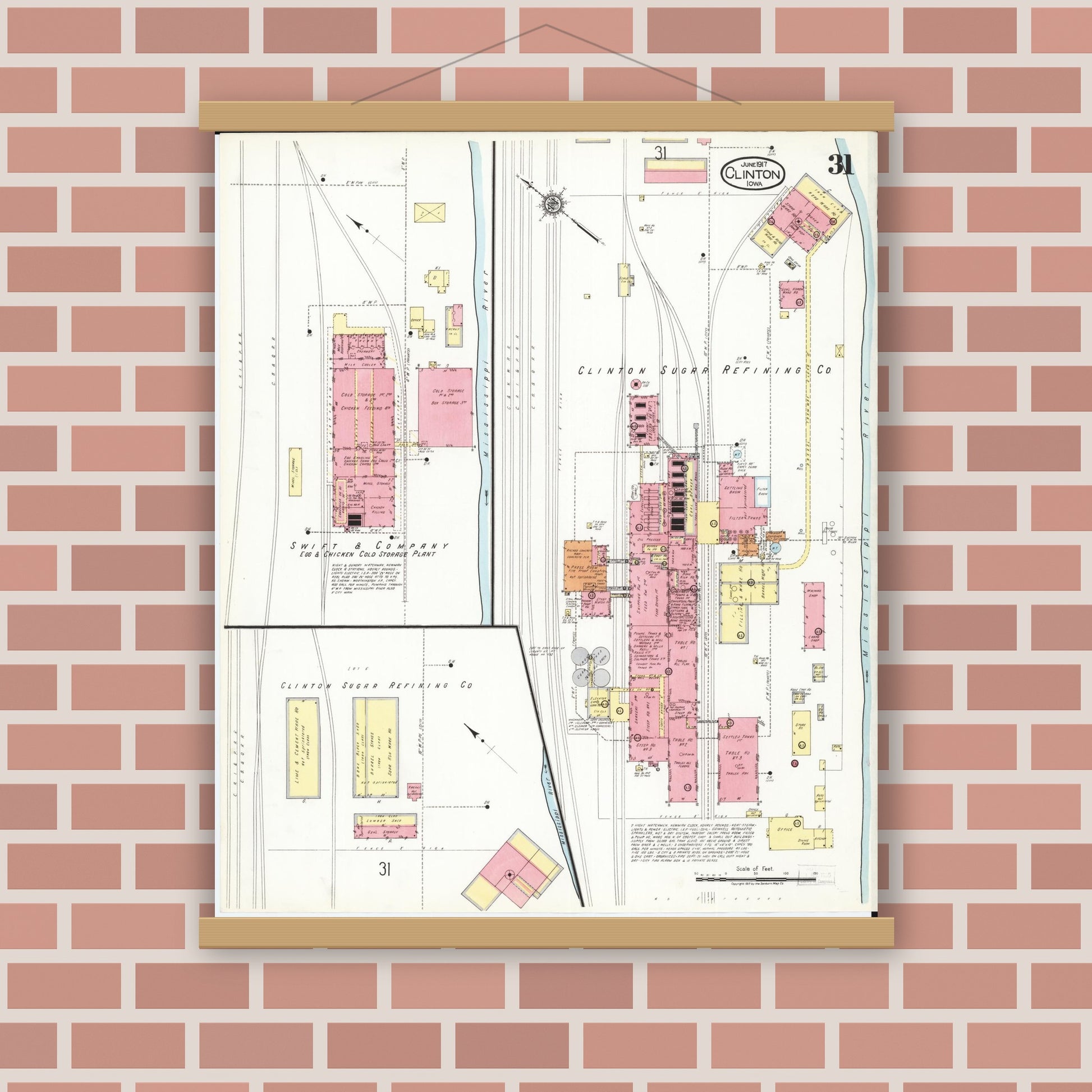 Old map wall art mockup — magnetic wood frame on brick wall — Sanborn Fire Insurance Map from Clinton, Clinton County, Iowa (1917), Sheet #0031