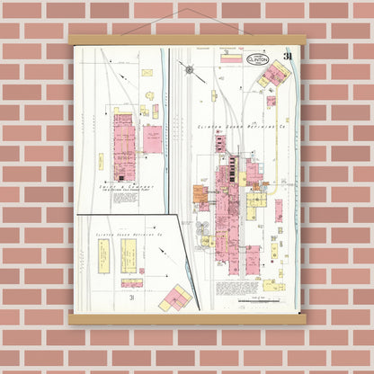 Old map wall art mockup — magnetic wood frame on brick wall — Sanborn Fire Insurance Map from Clinton, Clinton County, Iowa (1917), Sheet #0031