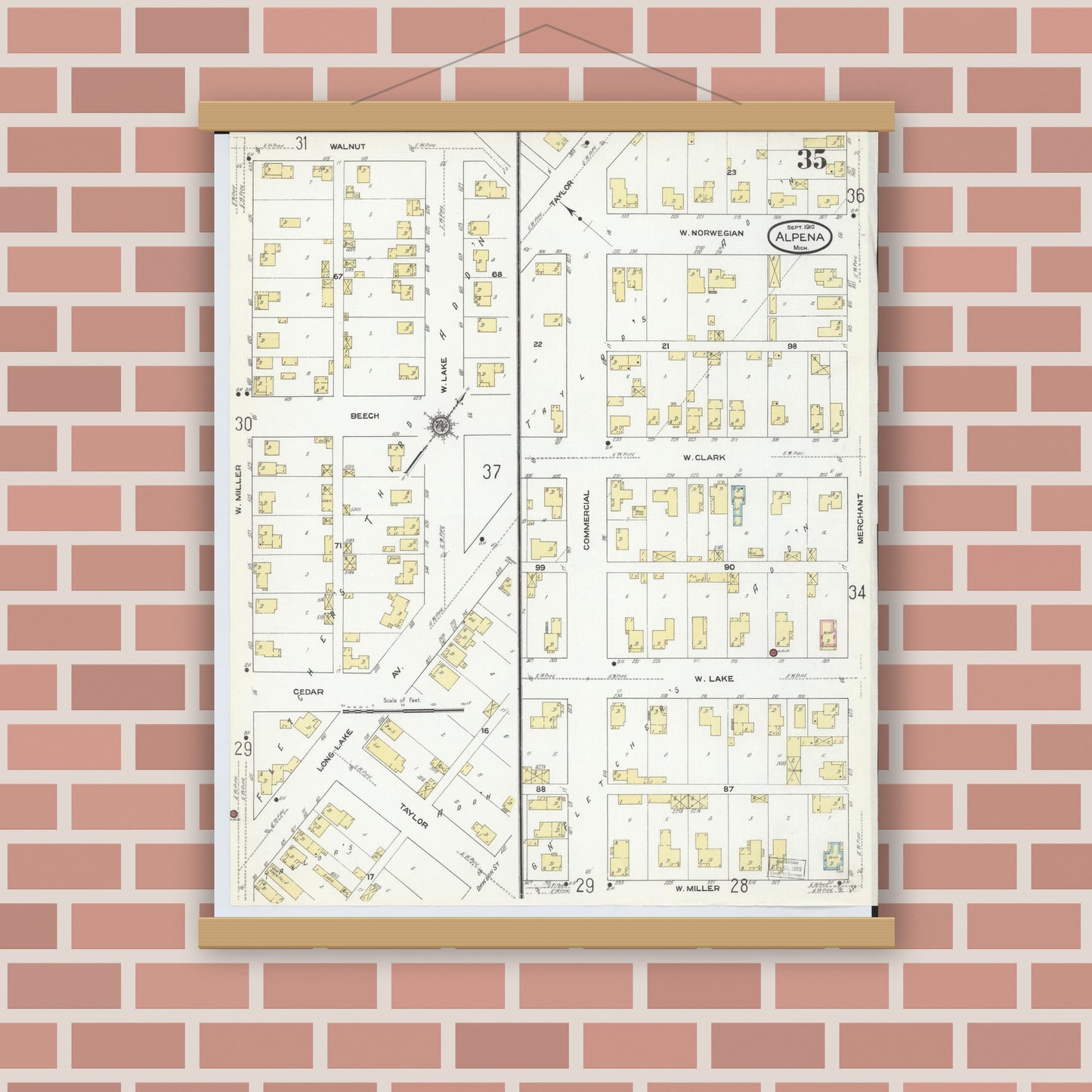 Old map wall art mockup — magnetic wood frame on brick wall — Sanborn Fire Insurance Map from Alpena, Alpena County, Michigan (1910), Sheet #0035