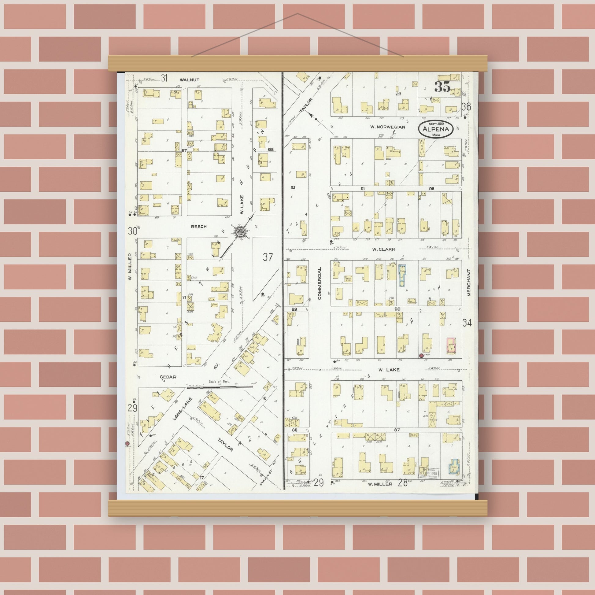 Old map wall art mockup — magnetic wood frame on brick wall — Sanborn Fire Insurance Map from Alpena, Alpena County, Michigan (1910), Sheet #0035