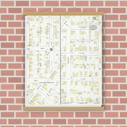 Old map wall art mockup — magnetic wood frame on brick wall — Sanborn Fire Insurance Map from Alpena, Alpena County, Michigan (1910), Sheet #0035