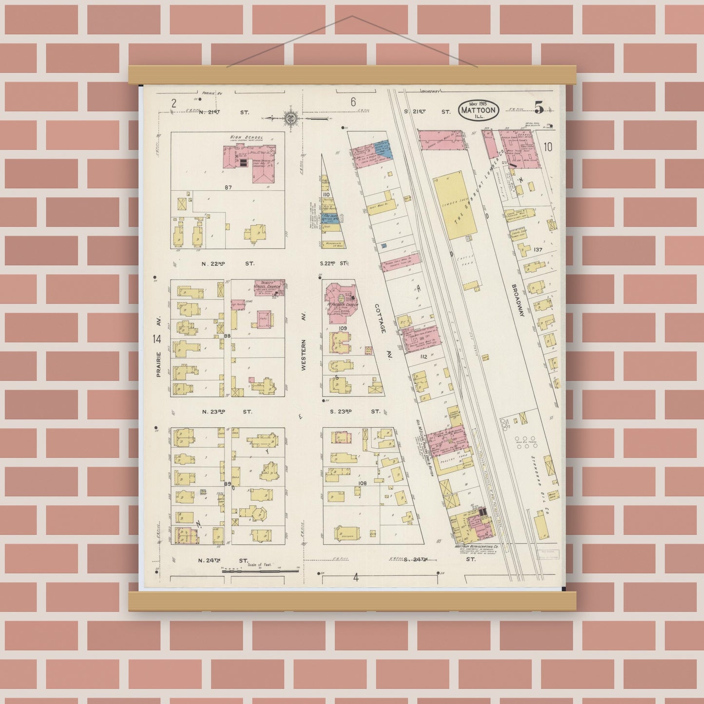 Old map wall art mockup — magnetic wood frame on brick wall — Sanborn Fire Insurance Map from Mattoon, Coles County, Illinois (1915), Sheet #0005