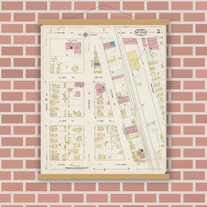 Old map wall art mockup — magnetic wood frame on brick wall — Sanborn Fire Insurance Map from Mattoon, Coles County, Illinois (1915), Sheet #0005