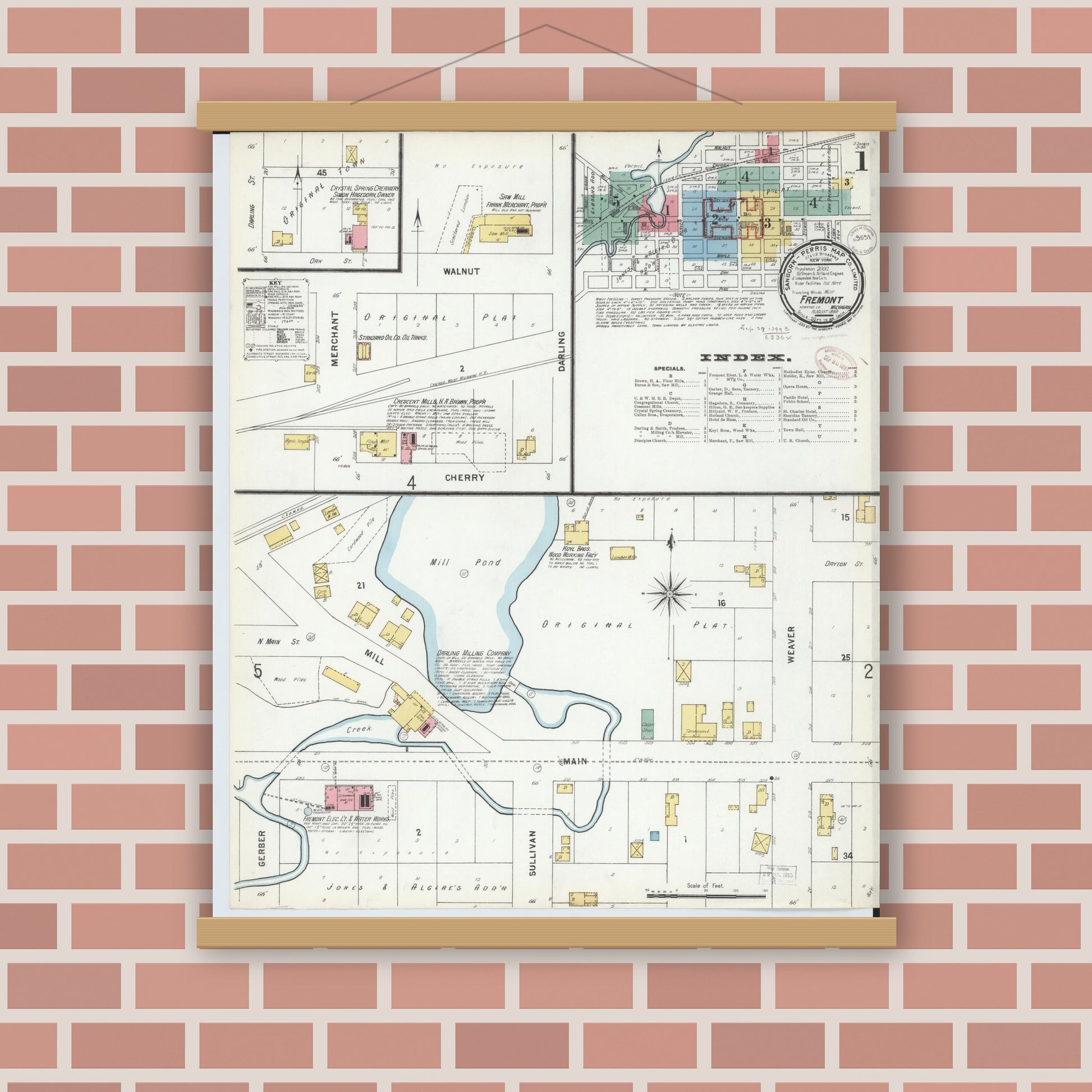 Old map wall art mockup — magnetic wood frame on brick wall — Sanborn Fire Insurance Map from Fremont, Newaygo County, Michigan (1899), Sheet #0001