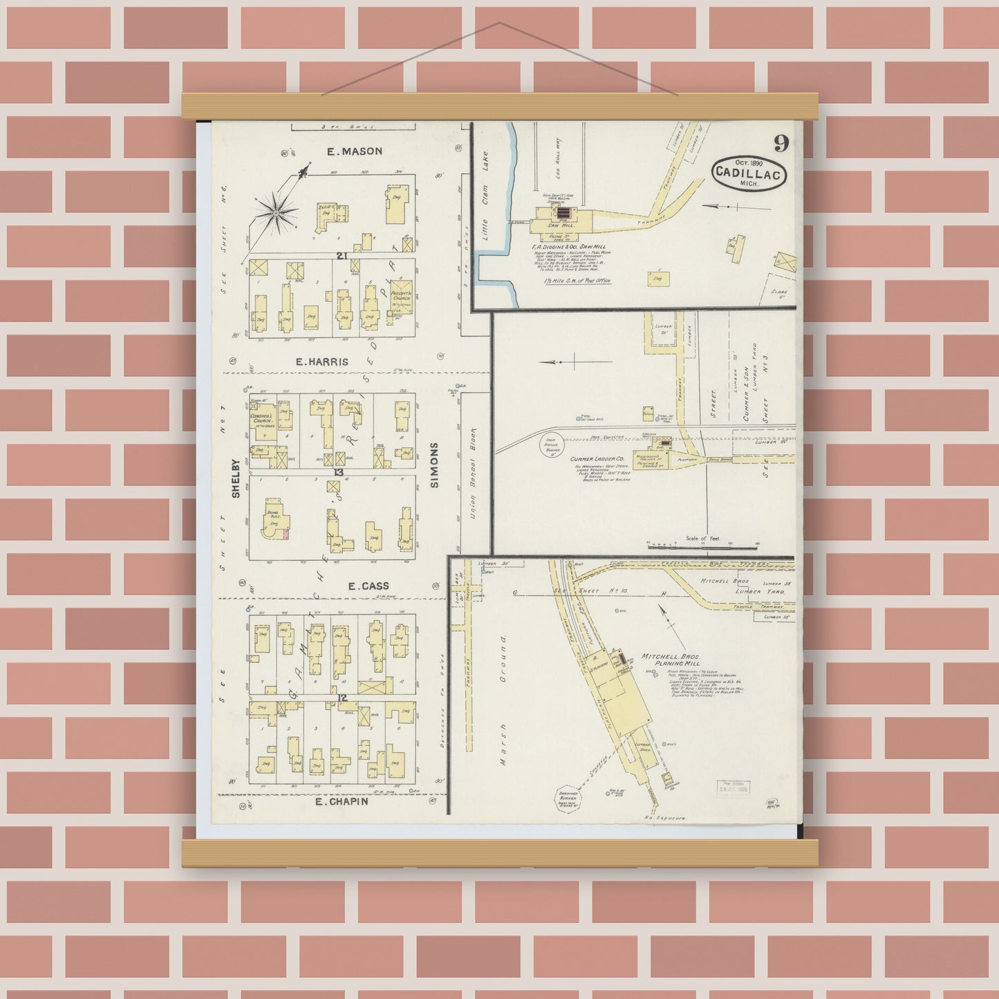 Old map wall art mockup — magnetic wood frame on brick wall — Sanborn Fire Insurance Map from Cadillac, Wexford County, Michigan (1890), Sheet #0009
