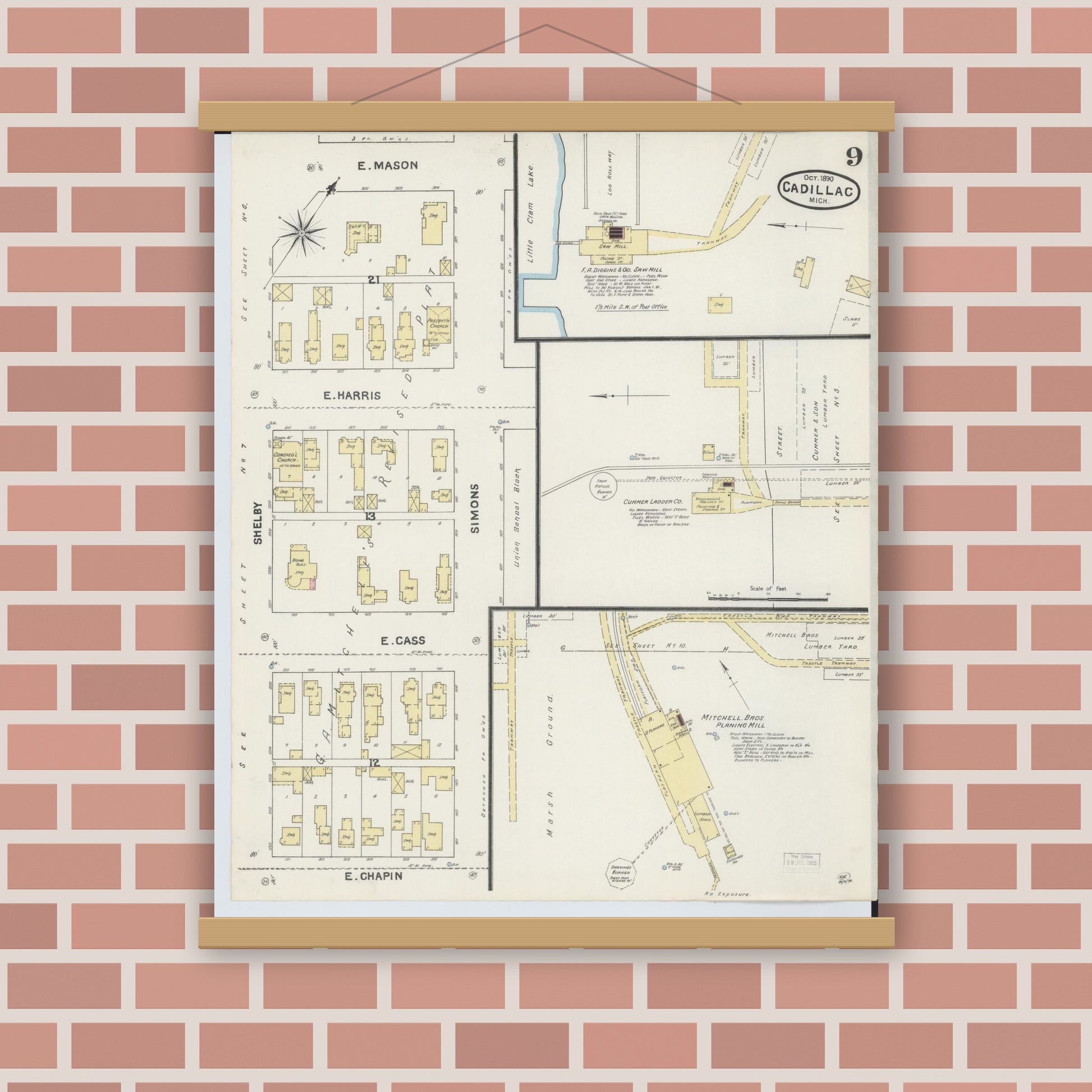 Old map wall art mockup — magnetic wood frame on brick wall — Sanborn Fire Insurance Map from Cadillac, Wexford County, Michigan (1890), Sheet #0009