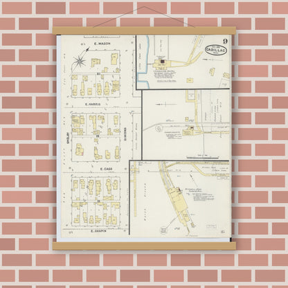 Old map wall art mockup — magnetic wood frame on brick wall — Sanborn Fire Insurance Map from Cadillac, Wexford County, Michigan (1890), Sheet #0009