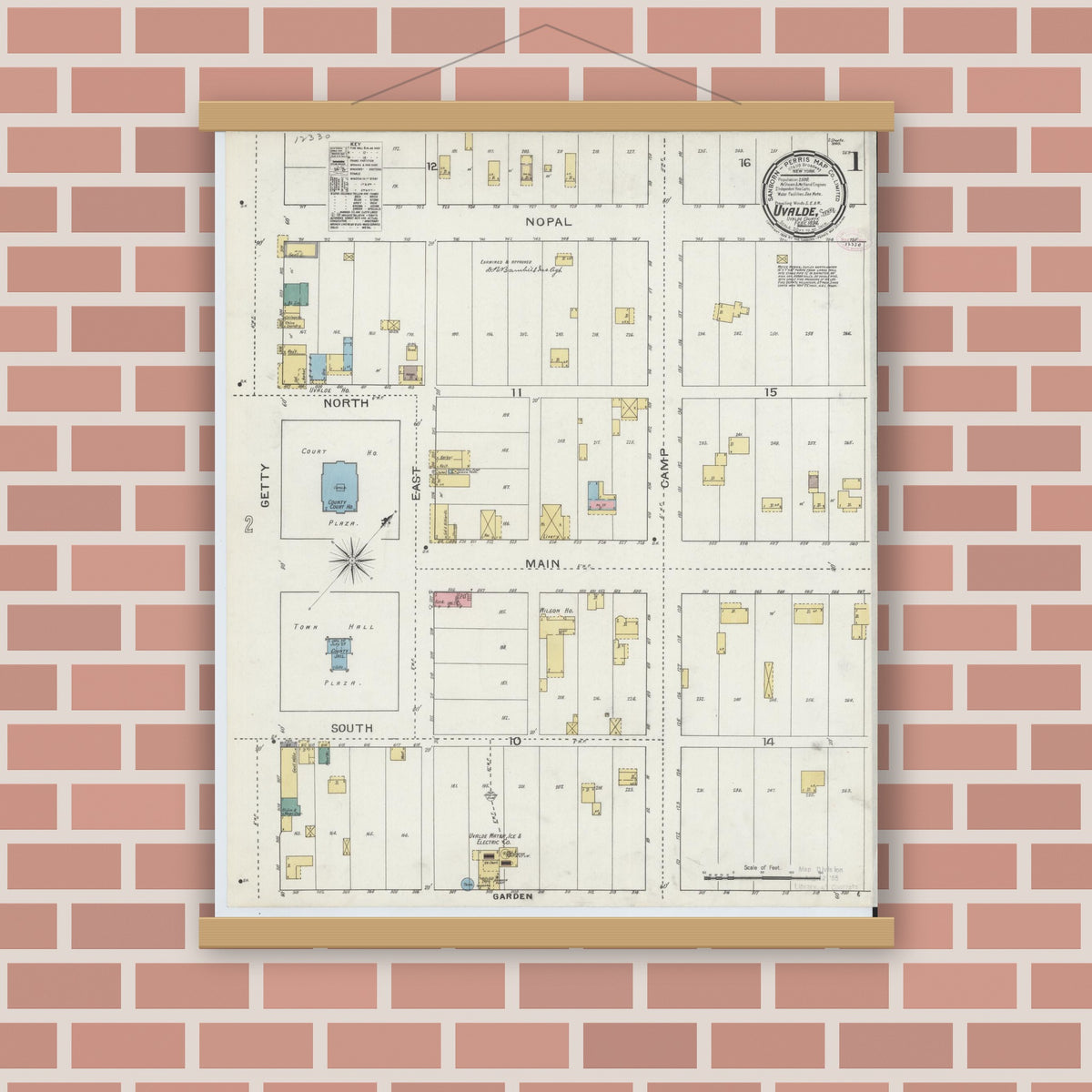 Old map wall art mockup — magnetic wood frame on brick wall — Sanborn Fire Insurance Map from Uvalde, Uvalde County, Texas (1894) - Complete Map Set