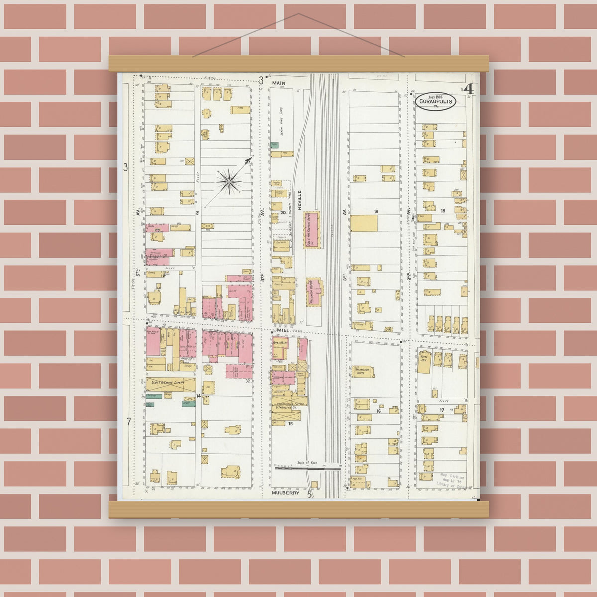 Old map wall art mockup — magnetic wood frame on brick wall — Sanborn Fire Insurance Map from Coraopolis, Allegheny County, Pennsylvania (1906), Sheet #0004