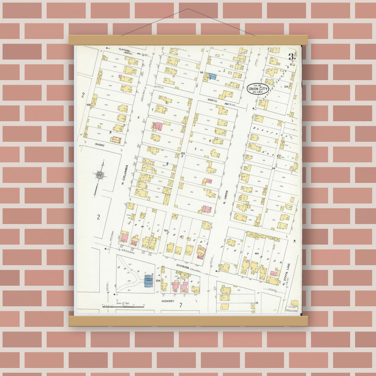 Old map wall art mockup — magnetic wood frame on brick wall — Sanborn Fire Insurance Map from Union City, Randolph County, Indiana (1911), Sheet #0003