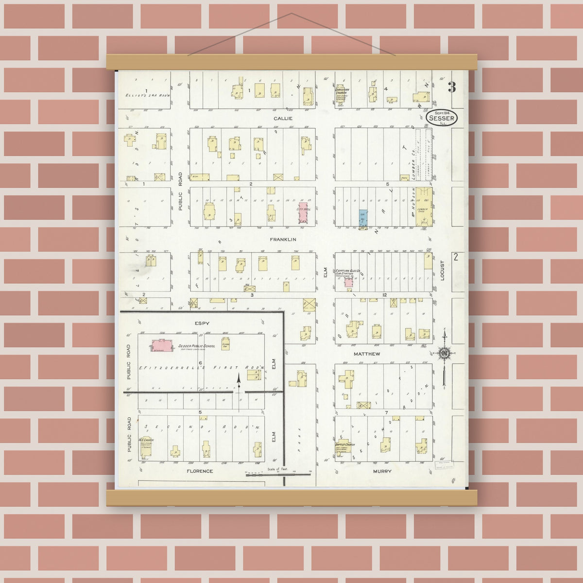 Old map wall art mockup — magnetic wood frame on brick wall — Sanborn Fire Insurance Map from Sesser, Franklin County, Illinois (1914), Sheet #0003