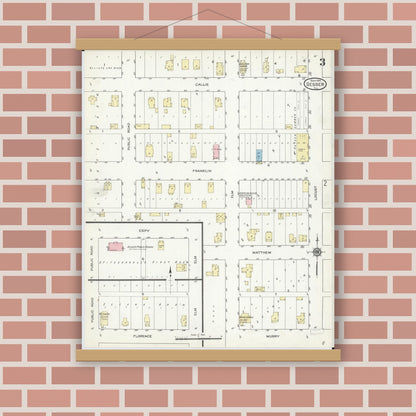 Old map wall art mockup — magnetic wood frame on brick wall — Sanborn Fire Insurance Map from Sesser, Franklin County, Illinois (1914), Sheet #0003