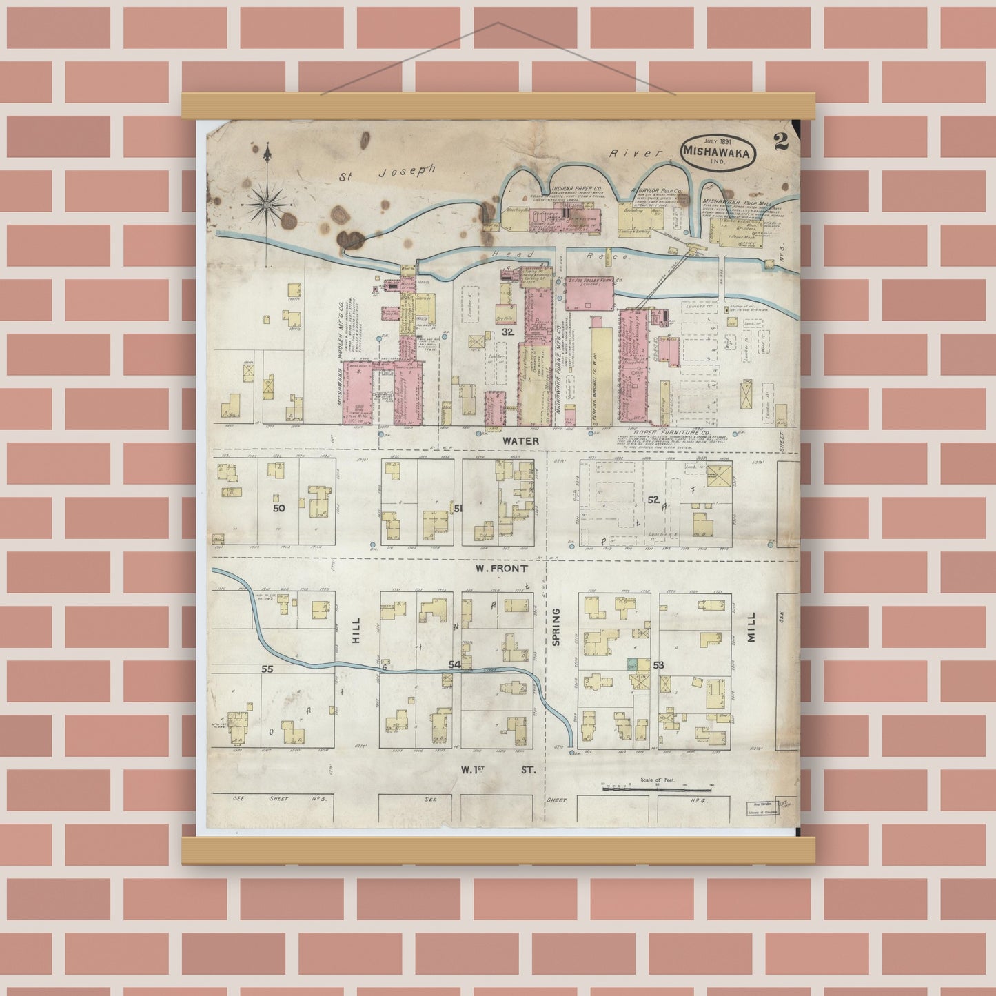 Old map wall art mockup — magnetic wood frame on brick wall — Sanborn Fire Insurance Map from Mishawaka, Saint Joseph County, Indiana (1891), Sheet #0002