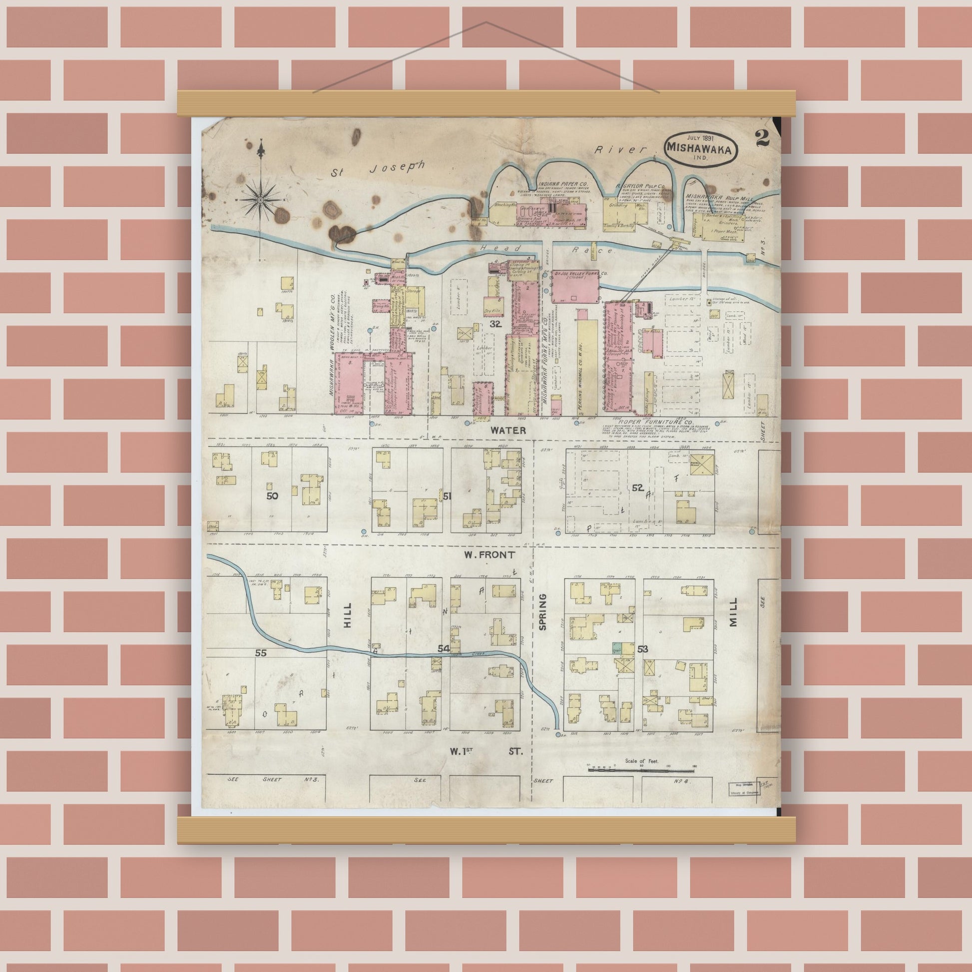 Old map wall art mockup — magnetic wood frame on brick wall — Sanborn Fire Insurance Map from Mishawaka, Saint Joseph County, Indiana (1891), Sheet #0002