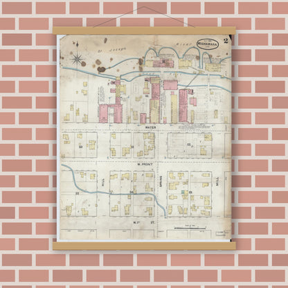 Old map wall art mockup — magnetic wood frame on brick wall — Sanborn Fire Insurance Map from Mishawaka, Saint Joseph County, Indiana (1891), Sheet #0002