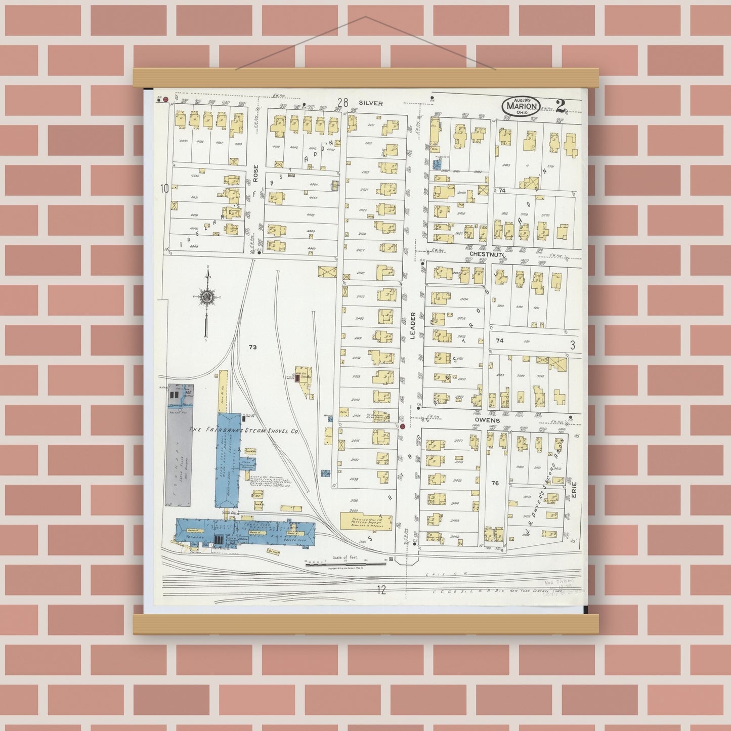 Old map wall art mockup — magnetic wood frame on brick wall — Sanborn Fire Insurance Map from Marion, Marion County, Ohio (1919), Sheet #0002