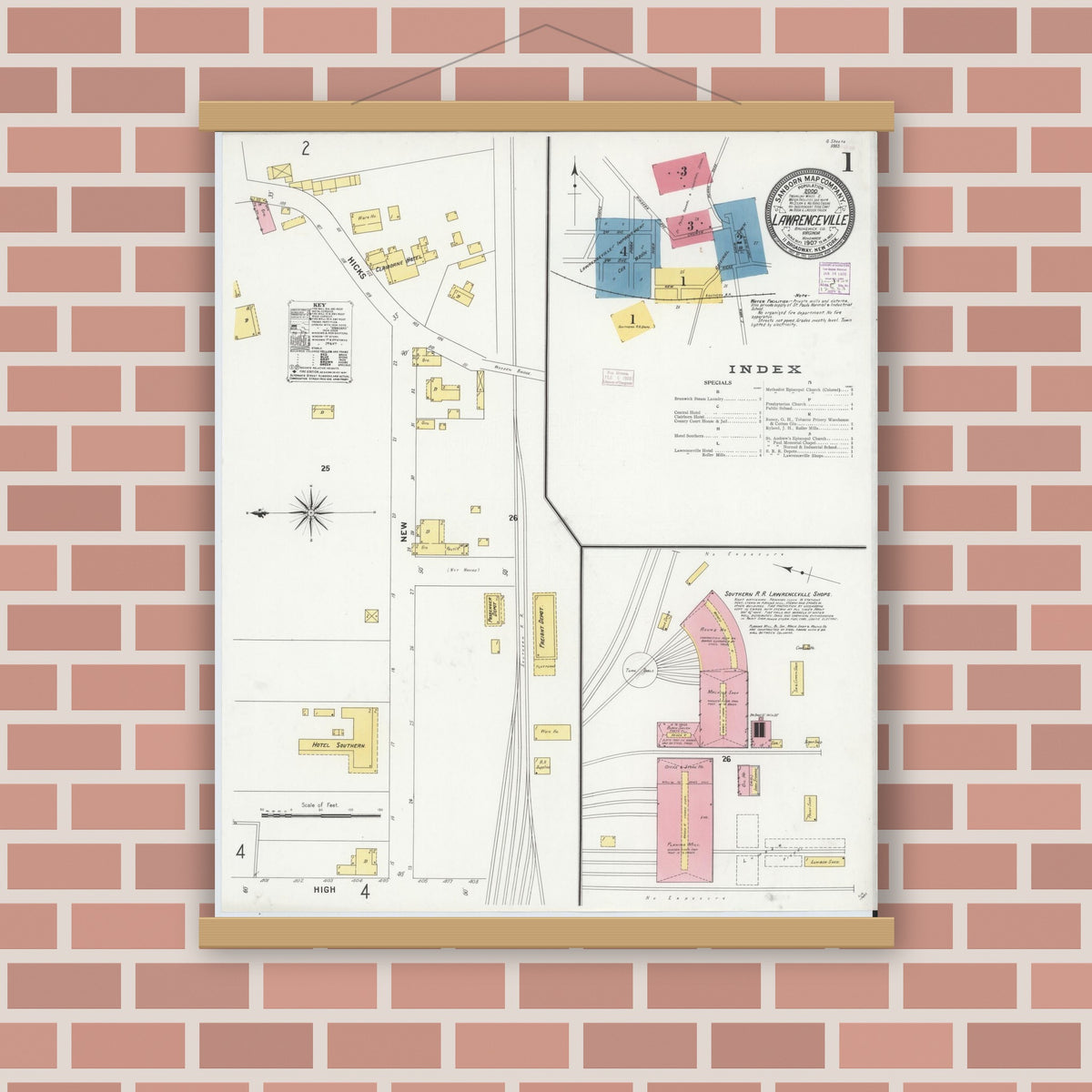 Old map wall art mockup — magnetic wood frame on brick wall — Sanborn Fire Insurance Map from Lawrenceville, Brunswick County, Virginia (1907) - Complete Map Set