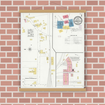 Old map wall art mockup — magnetic wood frame on brick wall — Sanborn Fire Insurance Map from Lawrenceville, Brunswick County, Virginia (1907) - Complete Map Set