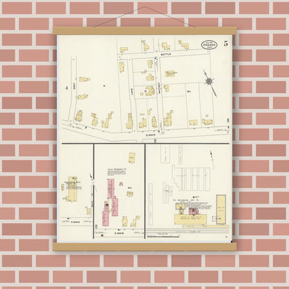 Old map wall art mockup — magnetic wood frame on brick wall — Sanborn Fire Insurance Map from Orange, Franklin County, Massachusetts (1911), Sheet #0005