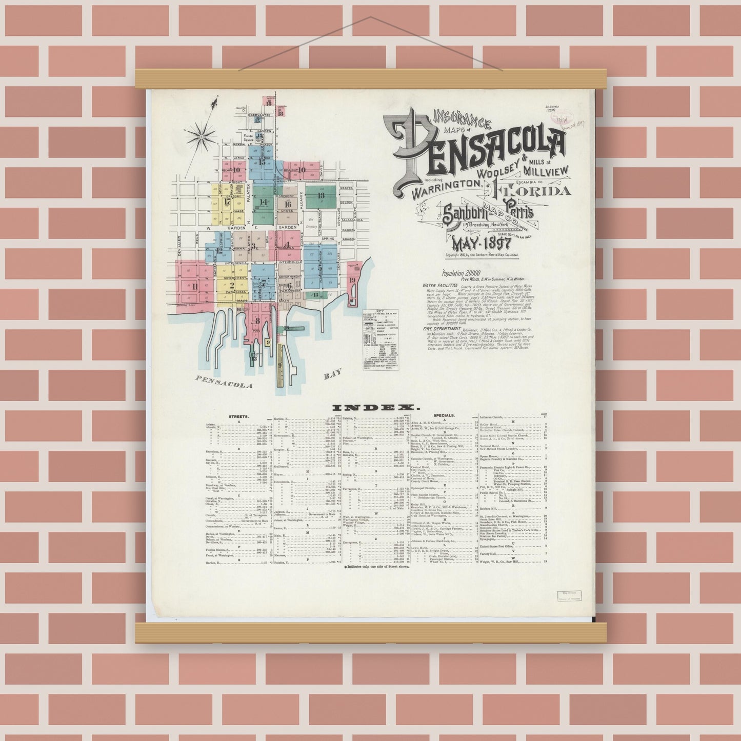 Old map wall art mockup — magnetic wood frame on brick wall — Sanborn Fire Insurance Map from Pensacola, Escambia County, Florida (1897) - Complete Map Set