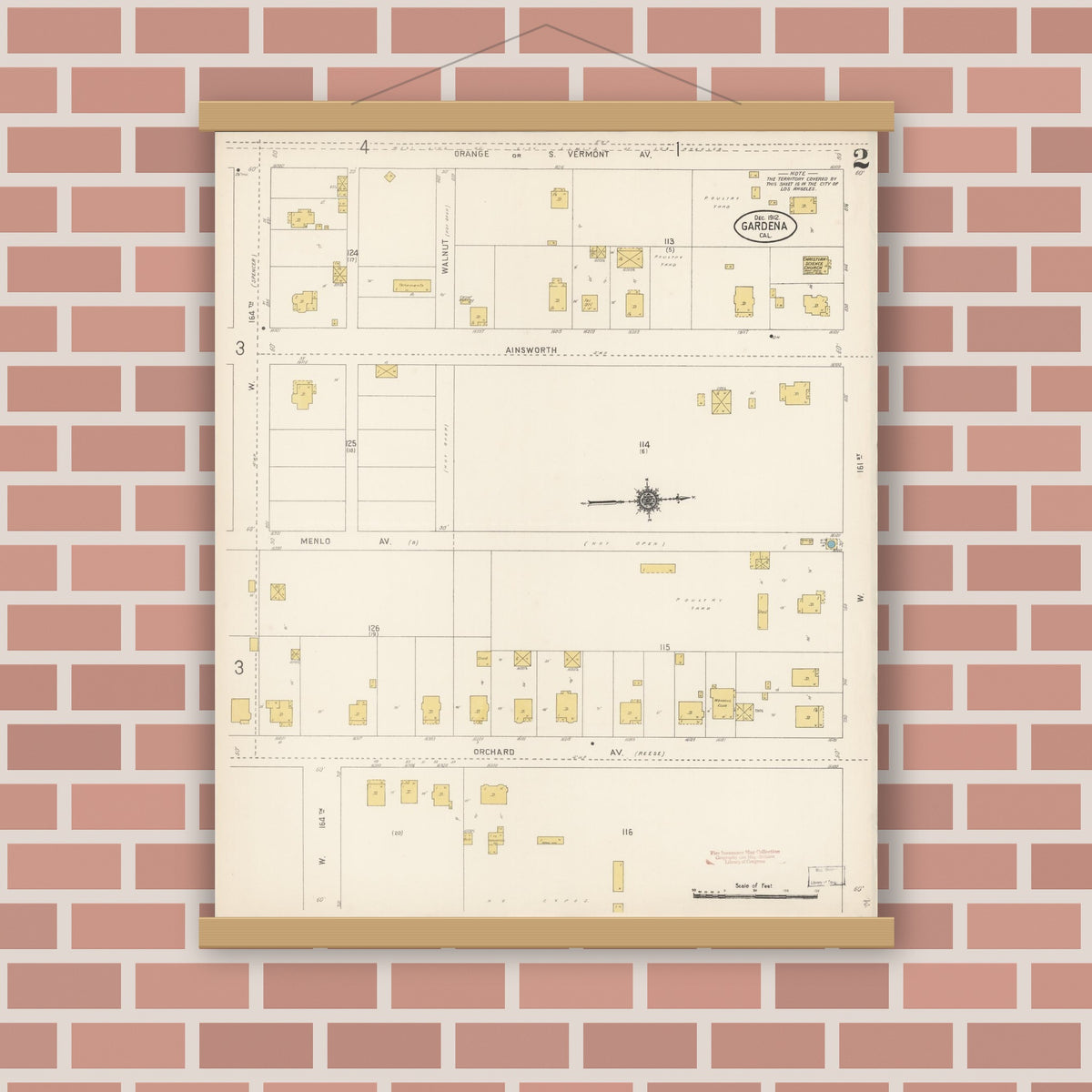 Old map wall art mockup — magnetic wood frame on brick wall — Sanborn Fire Insurance Map from Gardena, Los Angeles County, California (1912), Sheet #0002