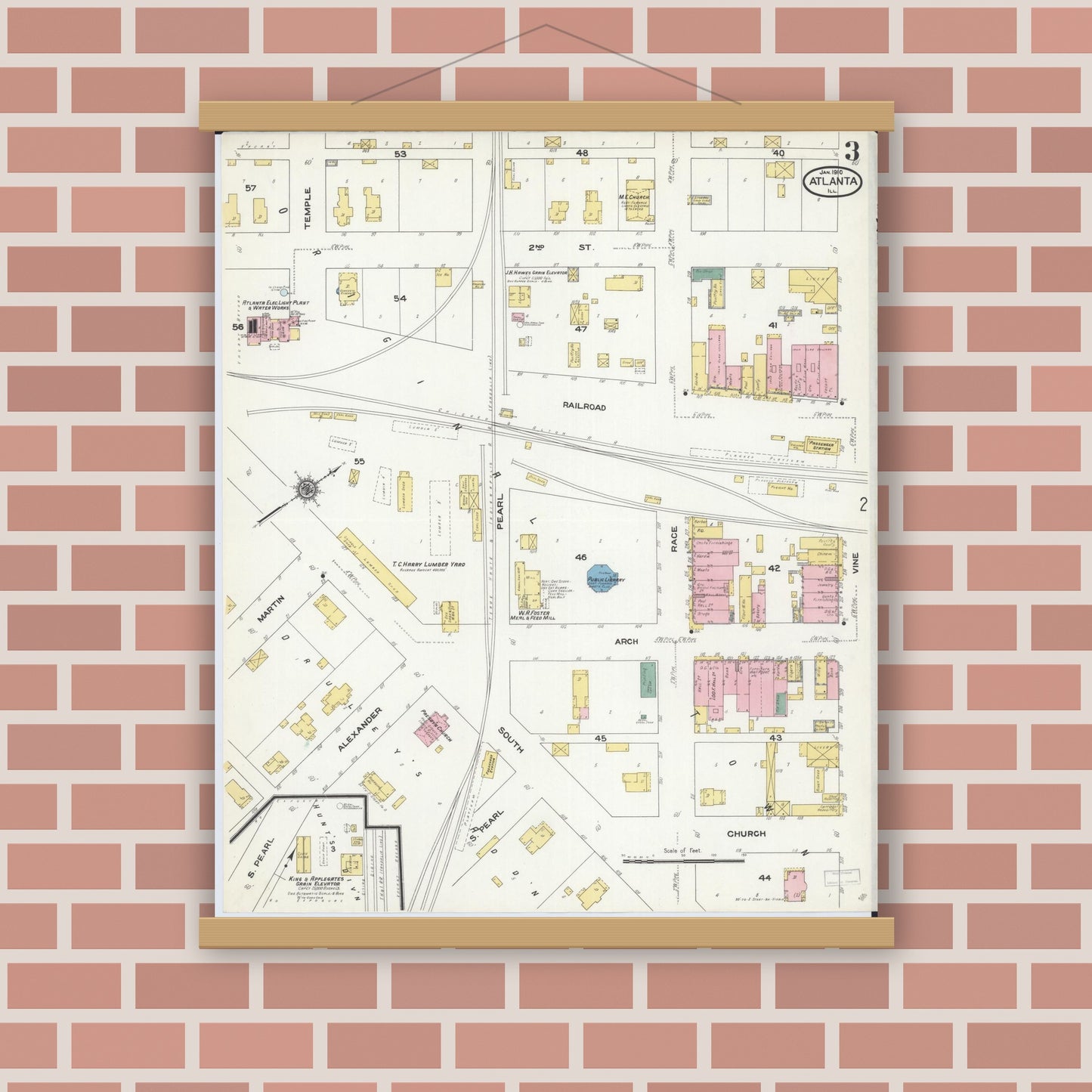 Old map wall art mockup — magnetic wood frame on brick wall — Sanborn Fire Insurance Map from Atlanta, Logan County, Illinois (1910), Sheet #0003