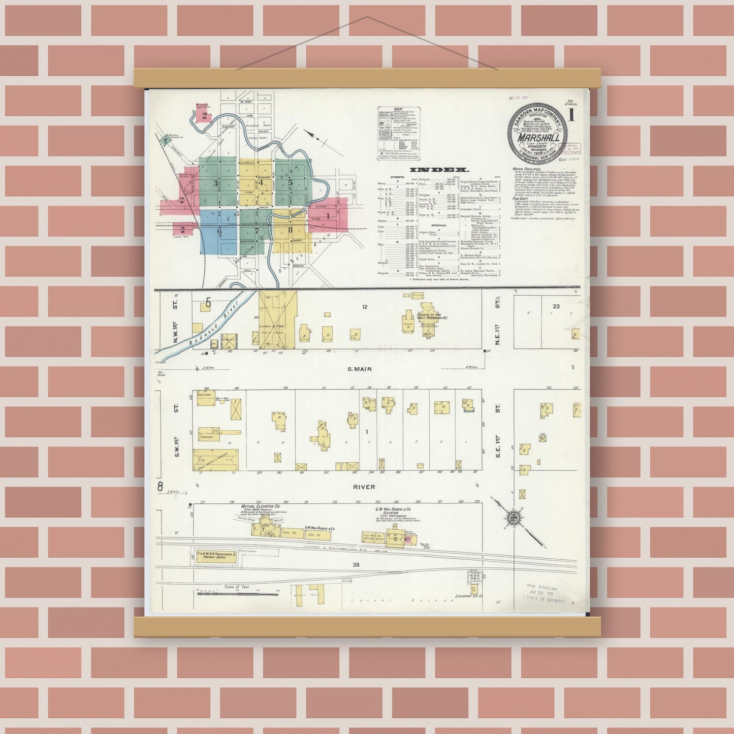 Old map wall art mockup — magnetic wood frame on brick wall — Sanborn Fire Insurance Map from Marshall, Lyon County, Minnesota (1909) - Complete Map Set