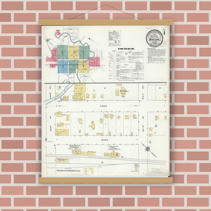 Old map wall art mockup — magnetic wood frame on brick wall — Sanborn Fire Insurance Map from Marshall, Lyon County, Minnesota (1909) - Complete Map Set